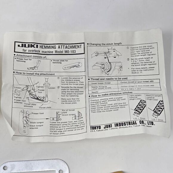 JUKI HEMMING ATTACHMENT SET PRESSER FOOT & THROAT FOR MO-103 SERGER LOCK W/ CASE - Picture 3 of 4